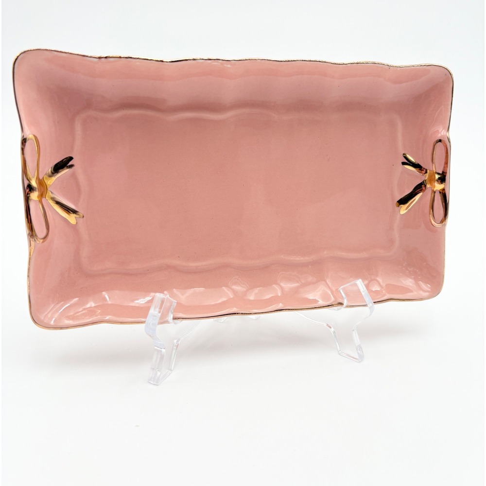 Pink and Gold Bow Jewelry Dish Storage Tray Ceramic‎ NEW